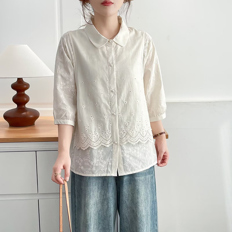 大码假两件纯棉七分袖衬衫女士200斤胖mm减龄花边镂空打底衫上衣 - 图0