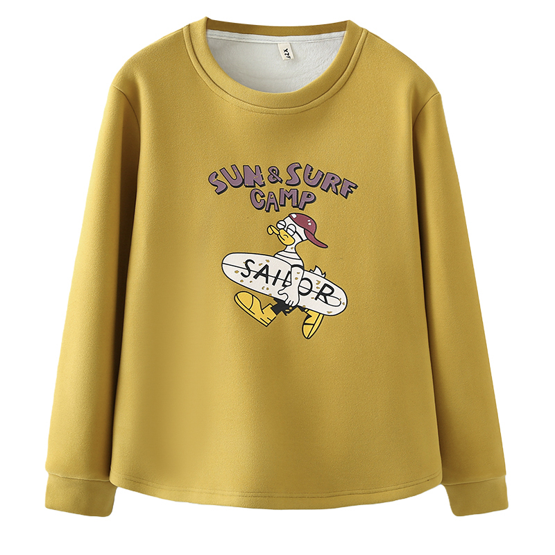 大码女冬装长袖印花洋气加绒宽松显瘦拼色百搭胖mm卫衣圆领打底衫 - 图3