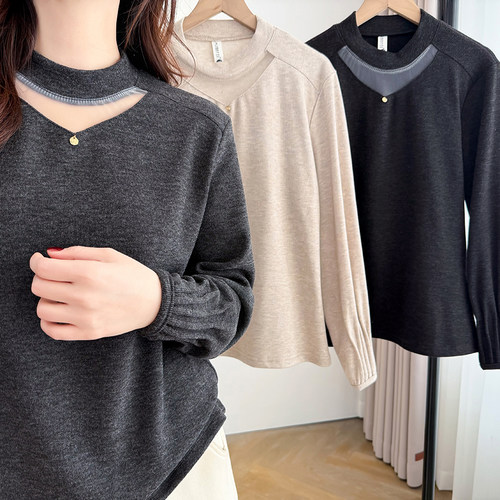 大码女装镂空别致卫衣胖MM200斤宽松遮肚子显瘦卫衣内搭保暖衣女 - 图3