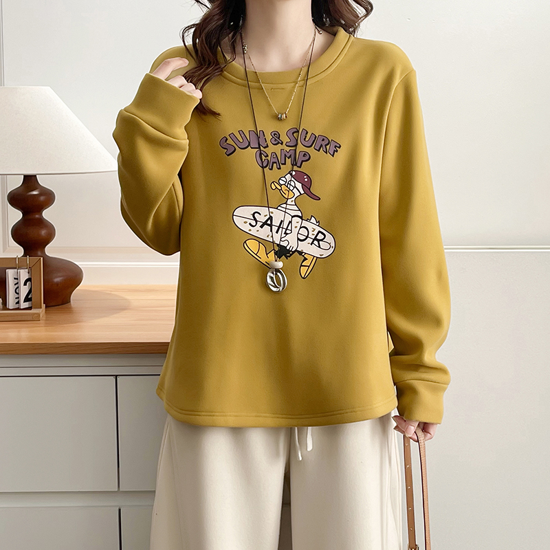 大码女冬装长袖印花洋气加绒宽松显瘦拼色百搭胖mm卫衣圆领打底衫 - 图1