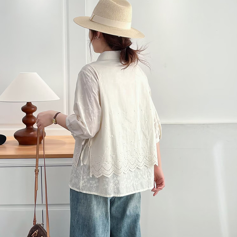 大码假两件纯棉七分袖衬衫女士200斤胖mm减龄花边镂空打底衫上衣 - 图1