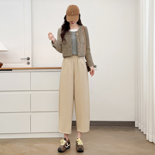 大码胖MM春夏季新款宽松八分萝卜裤女200斤松紧高腰纯色哈伦裤子 - 图1