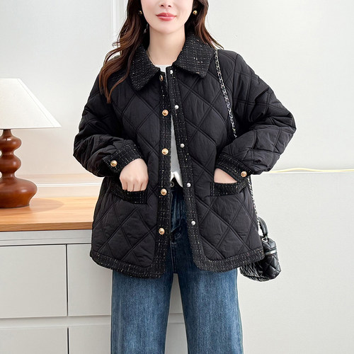 胖mm大码小香风翻领菱格棉服外套女秋冬轻薄款棉衣宽松显瘦200斤 - 图0