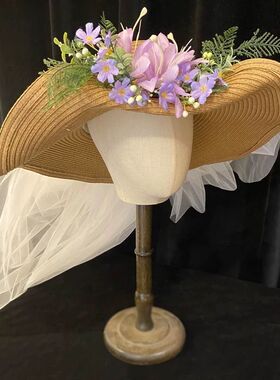 新品浪漫婚礼紫色花花大礼帽连纱