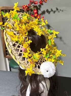 新款桂花兔斗笠cos百搭小兔子帽