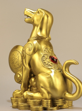 客厅铜狗坐地生财纯黄铜招财摆件