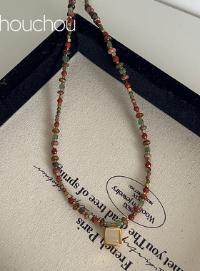 chouchou项链女天然虎眼石串珠饰品复古油画感安可拉红锁骨链秋