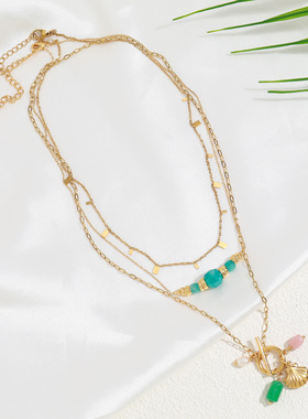 黄铜镀18K真金锁骨链女时尚优雅气质彩色天然石叠戴项链锁骨链