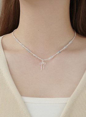 星月拾光S925纯银蝴蝶结碎银子海蓝宝项链甜美清新套装高级首饰
