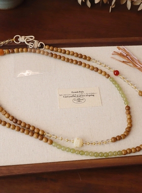 新中式国风斜挎链天然星月菩提绿檀木佛珠流苏项链毛衣链旗袍配饰