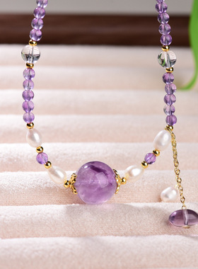 天然紫水晶锁骨链珍珠小米珠紫色串珠项链轻奢百搭转运珠气质首饰