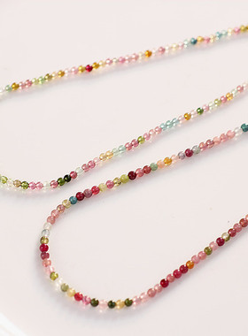 极细3MM天然彩虹小碧玺项链气质网红轻奢颈链彩色圆形串珠锁骨链
