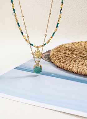 绿松石天然石原创手工串珠项链黄铜镀金太阳吊坠时尚叠戴锁骨链