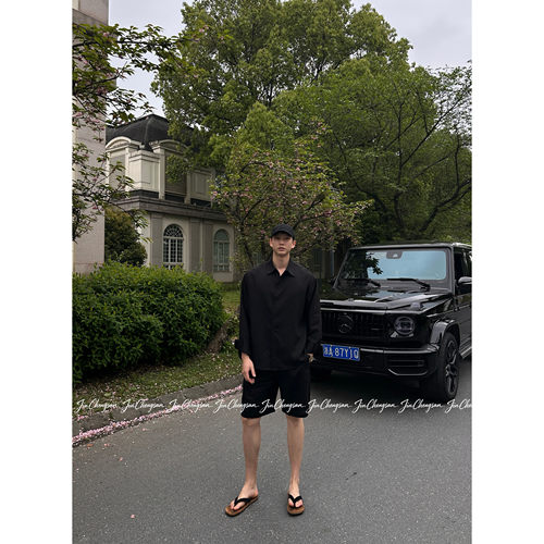 GGG金乘三 夏季松弛感老钱风休闲宽松男士亚麻衬衫套装 - 图3