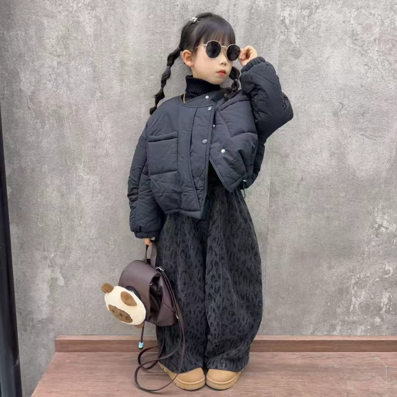 潮酷女童韩范短款圆领面包棉服外套加绒豹纹裤时尚百搭超洋气套装,淘宝优惠券,粉丝福利购,淘宝优惠卷