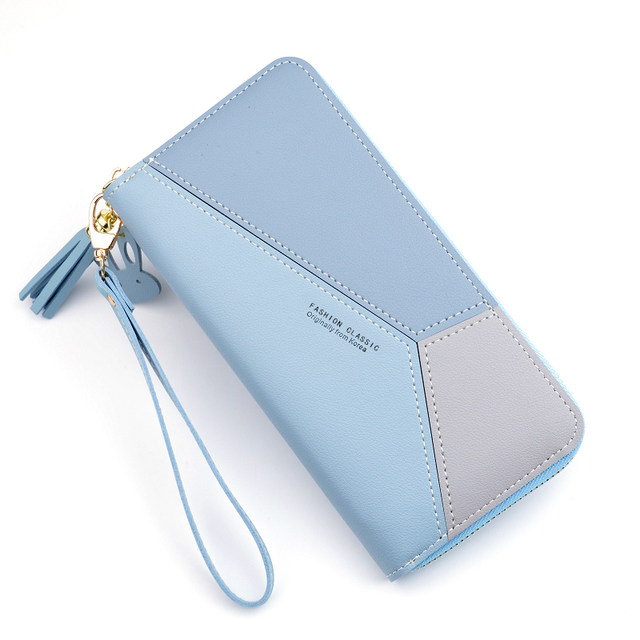 Women hold the wallet with long three -color stitching, contrasting temperament, simple zipper mobile phone bag, student money clip