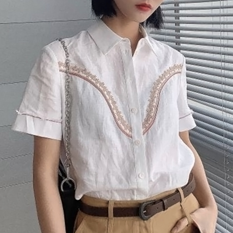 阿玛施透气亚麻薄款新款蕾丝衬衫 zhenya臻娅衬衫