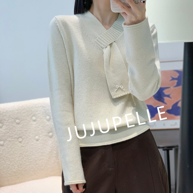 Honey bear velvet + sheep wool! Bow neck scarf with soft and waxy design V-neck autumn and winter women's loose knitted sweater pullover