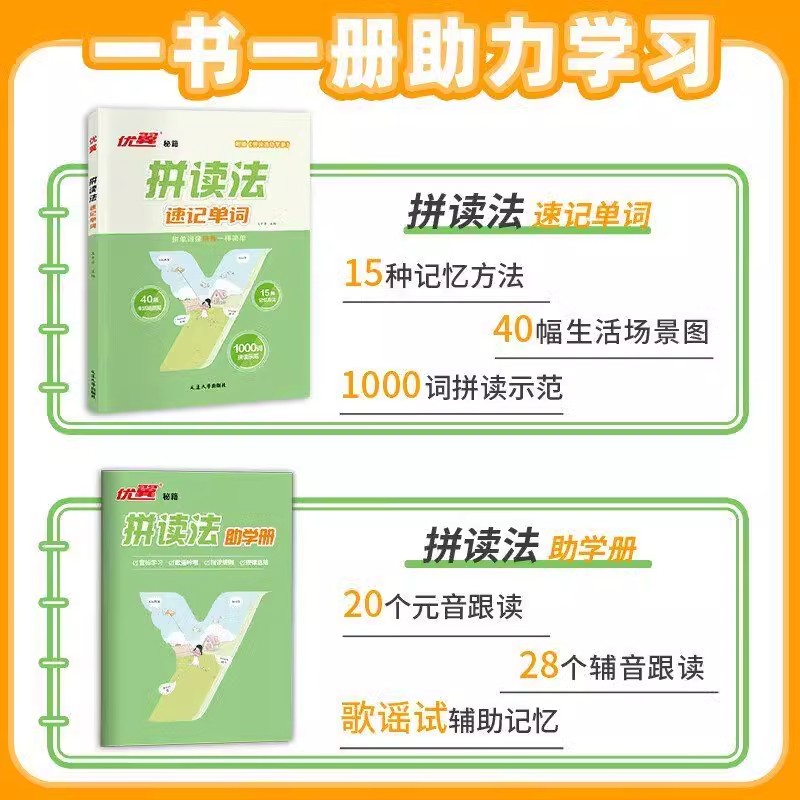 2024版优翼拼读法速记单词小学英语单词记背神器扫码听凑JST三四五六年级英语音标单词汇语法自然拼读记忆本默写情境囹解记忆方法