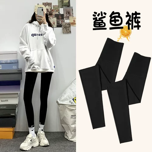 Акула, осенние леггинсы, демисезонные штаны, утягивающий пояс на талию, черное флисовое белье для коррекции формы бедер, в обтяжку