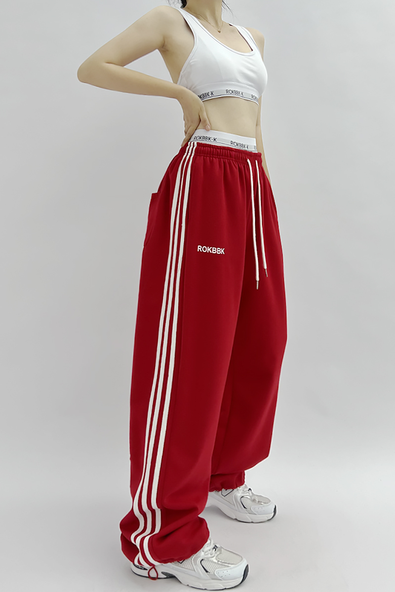 ROKBBK-K/布韩街舞潮牌三条杠运动裤女爵士舞嘻哈阔腿裤jazz宽松 - 图0