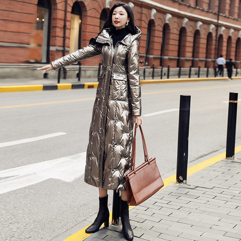 亮面免洗中长款羽绒服女高级感冬新款立领连帽过膝白鸭绒保暖6086 - 图0