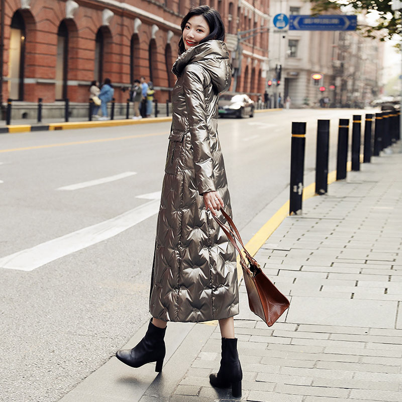 亮面免洗中长款羽绒服女高级感冬新款立领连帽过膝白鸭绒保暖6086 - 图1