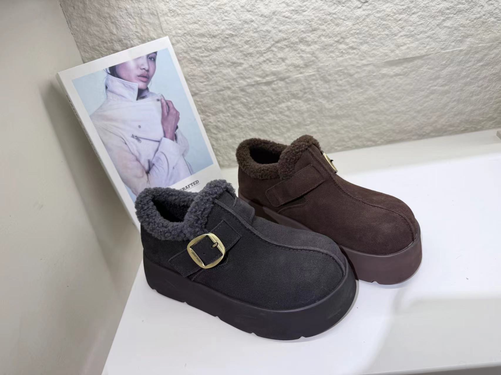 米新款2025冬款真皮厚底加绒勃肯鞋豆豆鞋时尚休闲保暖雪地靴女鞋 - 图0