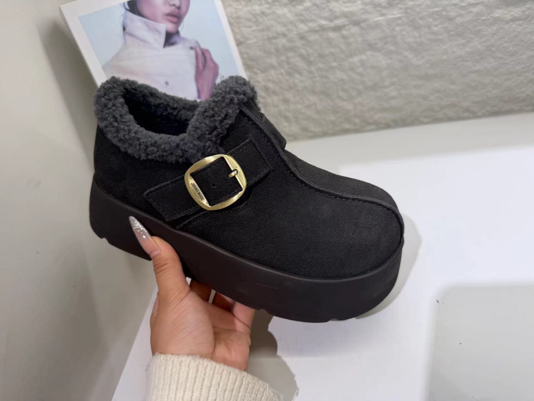 米新款2025冬款真皮厚底加绒勃肯鞋豆豆鞋时尚休闲保暖雪地靴女鞋 - 图1