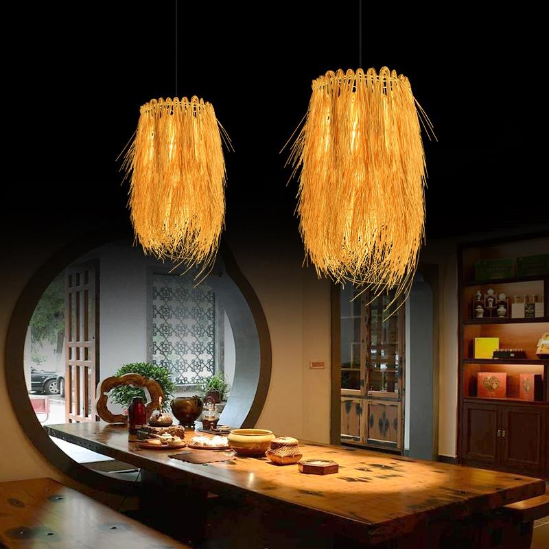 创意藤编吊灯手工编织圆形鸟巢草帽个性田园饭店餐厅农家乐竹编灯