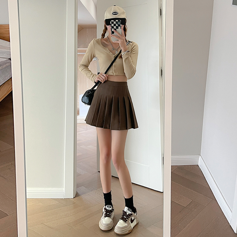 卡其色西装秋冬2022新款高腰百褶裙 户枢半身裙