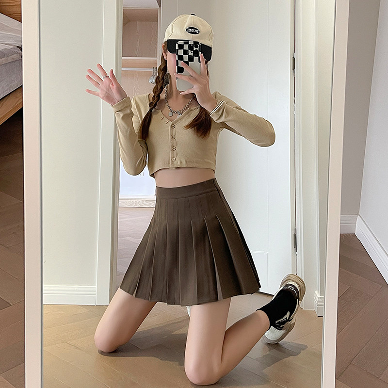 卡其色西装秋冬2022新款高腰百褶裙 户枢半身裙