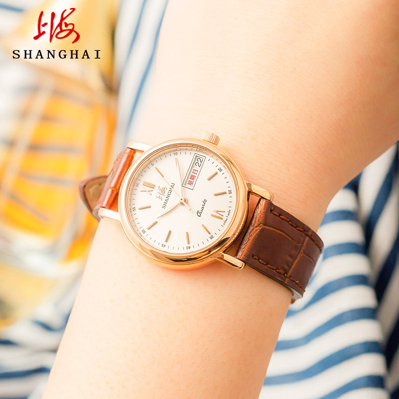 上海手表 超薄情侣表男女对表蓝宝石日历星期显示功能腕表0132
