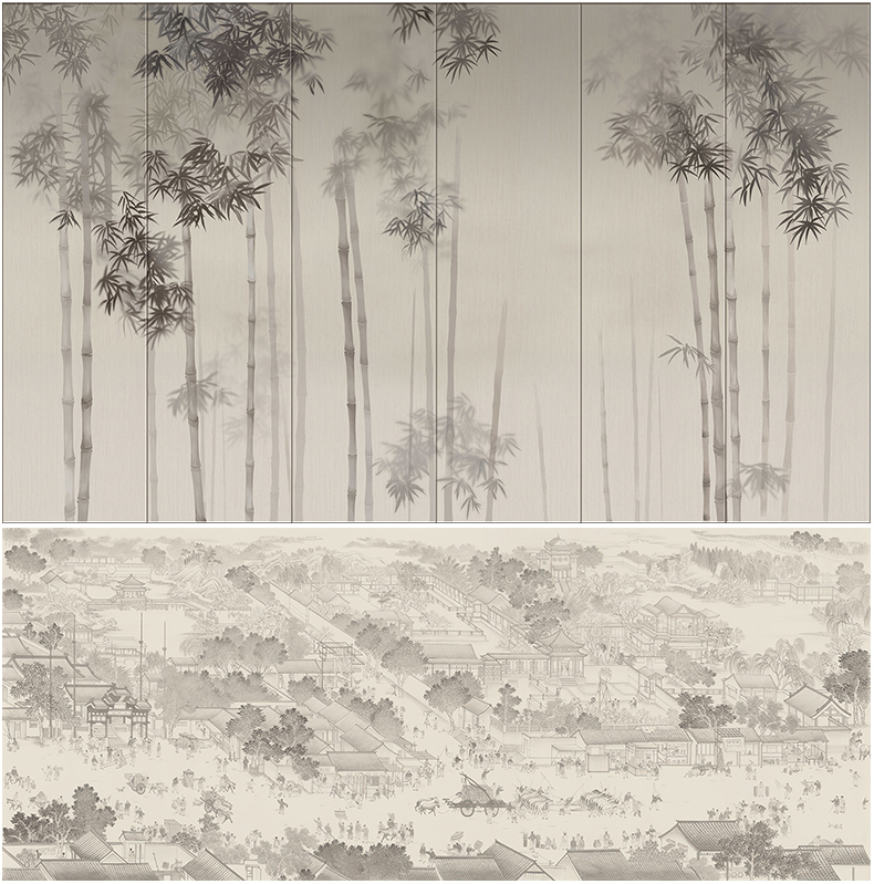 中式新中式高清贴图素材手绘山水建筑竹子抽象古建壁纸壁画装饰画 - 图3