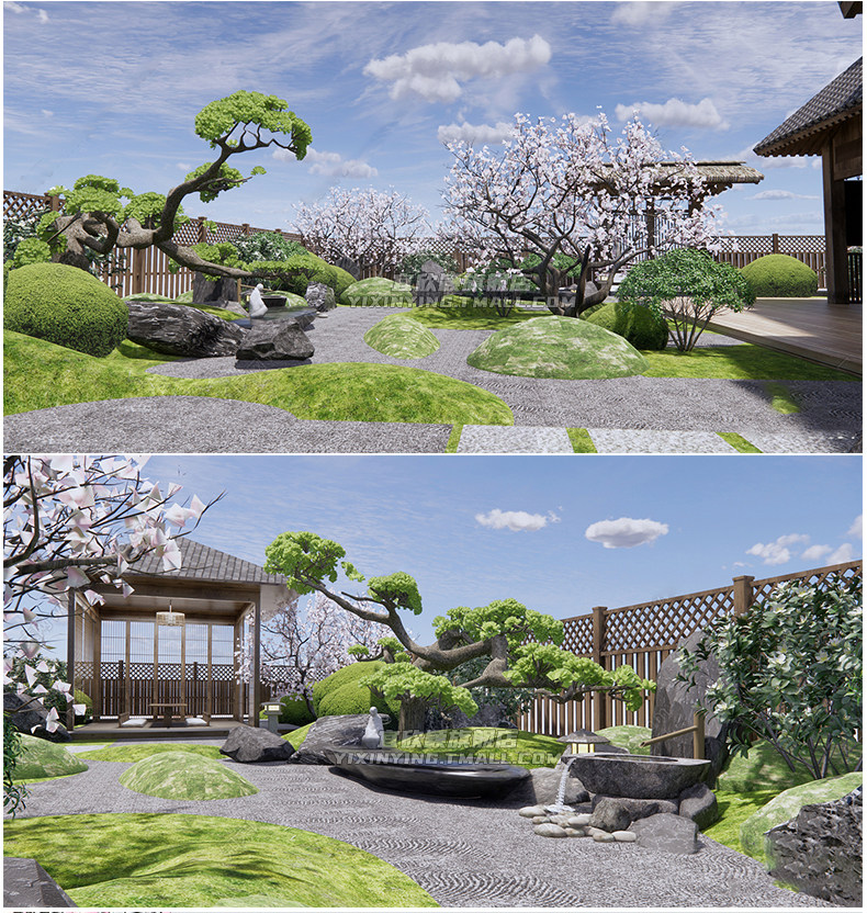 禅意新中式日式民宿会所茶室庭院樱花枯山水景观草图大师SU模型库_虎窝淘