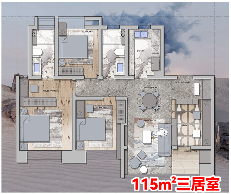 家装户型图室内设计平面优化布局PSD彩平图思路解析图CAD方案合辑 - 图1