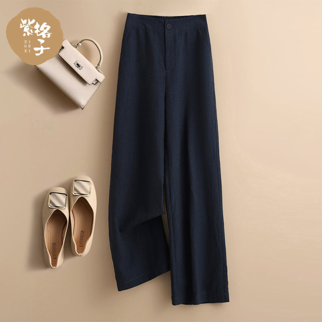 ກາງເກງສີມ່ວງ 100% hemp wide leg pants ສໍາລັບ summer ແມ່ຍິງ versatile ກາງເກງເກົ້າຈຸດສູງ linen trousers ວ່າງ pants