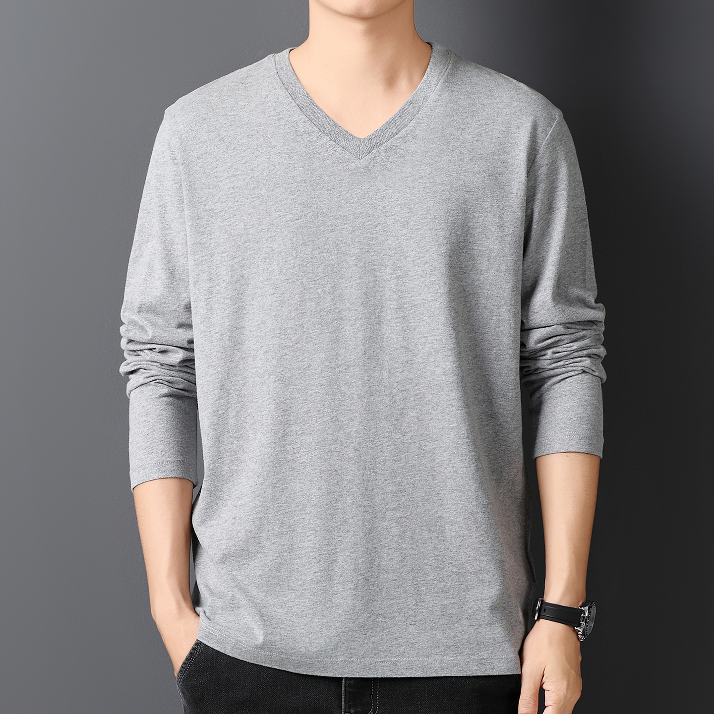 秋季纯棉长袖T恤鸡心领男装韩版V领宽松打底衫上衣服半袖体恤潮流 - 图1