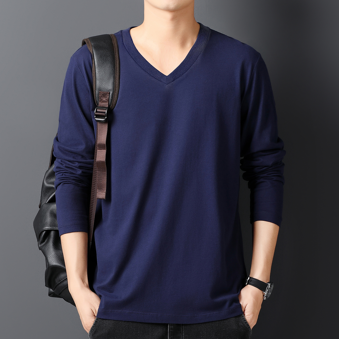 秋季纯棉长袖T恤鸡心领男装韩版V领宽松打底衫上衣服半袖体恤潮流 - 图0