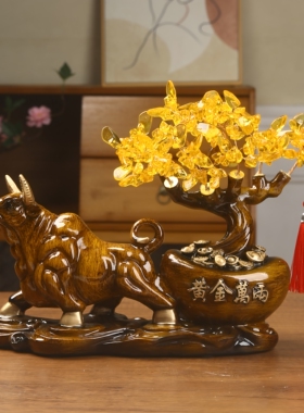 中式风水牛水晶招财摆件