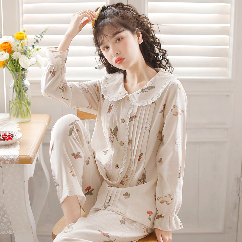 富朵旗舰店富朵月子服3月份产后春夏纯棉纱布吸汗哺乳喂奶可爱孕妇2套装睡衣1