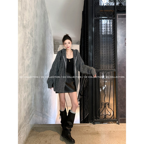 GV大白哥 随性闪闪VTG 连帽羊毛亮片廓形毛衣外套秋季穿搭女上衣 - 图3