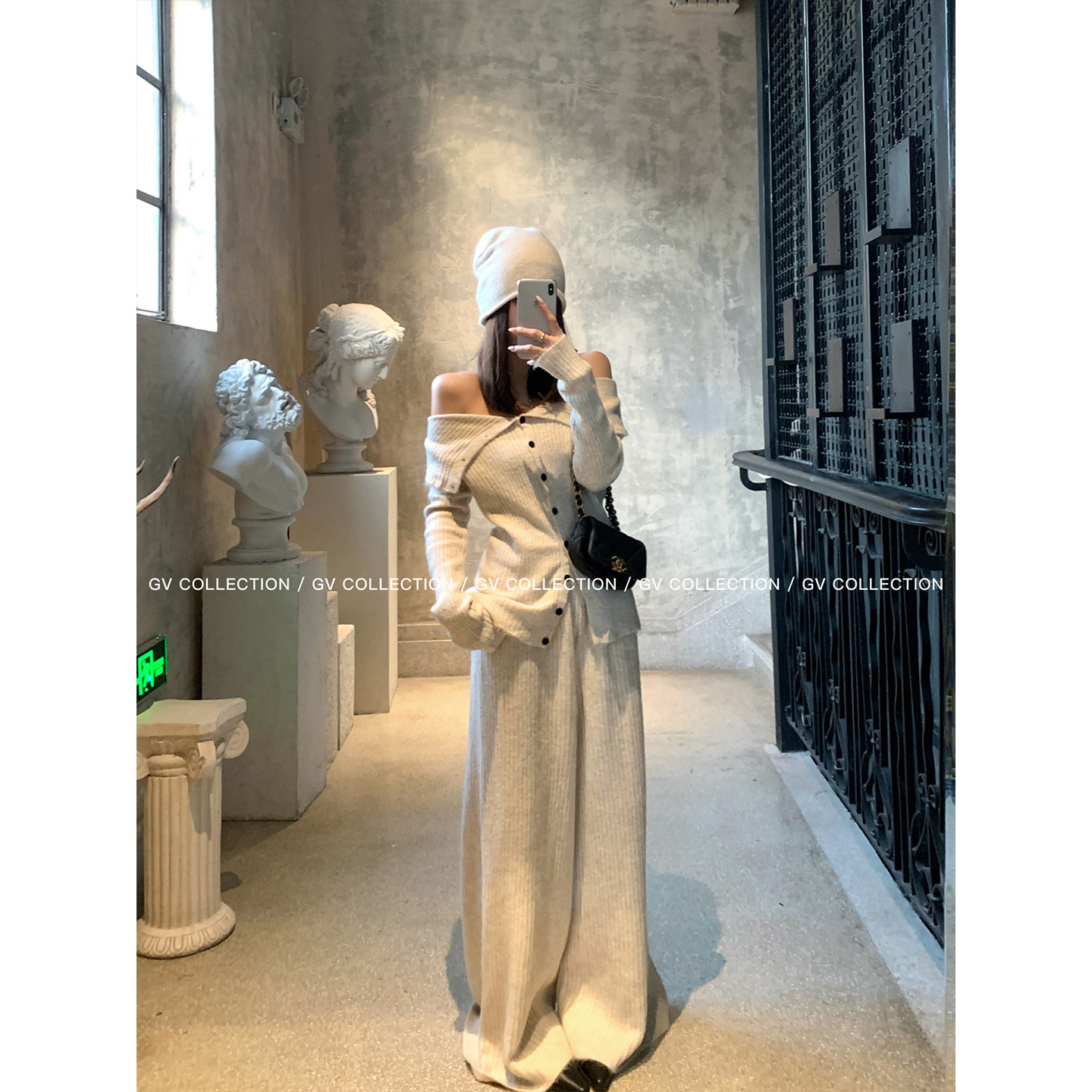 GV大白哥 舒卷私服 纽扣针织一字肩休闲裤套装秋冬新款百搭女,淘宝优惠券,粉丝福利购,淘宝优惠卷