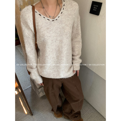 GV大白哥 classics简约 设计感亮片慵懒撞色宽松毛衣早秋穿搭女 - 图1
