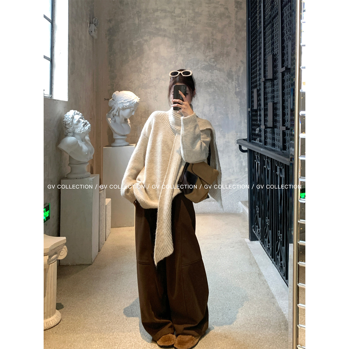 GV大白哥 慵懒蛋奶 带围巾立领羊毛毛衣两件套冬季新款上衣女百搭,淘宝优惠券,粉丝福利购,淘宝优惠卷