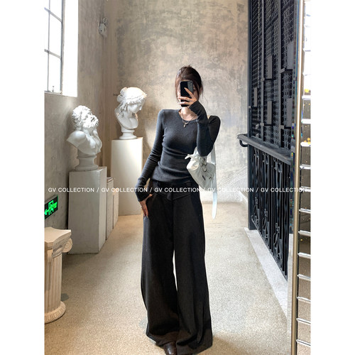 GV大白哥 绒呢西裤 毛呢直筒阔腿立体休闲裤冬季裤子百搭气质遮肉 - 图3