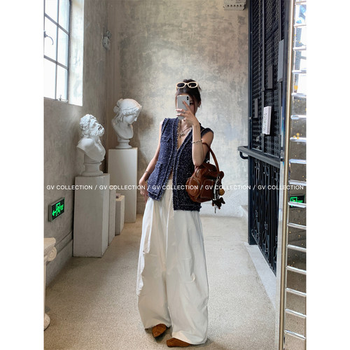 GV大白哥 解构日常 松弛镰刀阔腿休闲裤子女白色长裤子女2025新款 - 图3