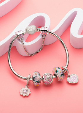 diy阿斯粉色心形925银串饰珐琅