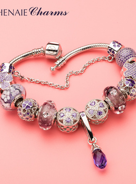 ATHENAIE浪漫紫色闪亮琉璃珠樱花蝴蝶925银圆蛇手链送女友礼物