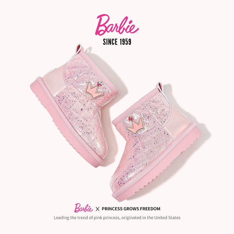 芭比童鞋女童靴子2025新款冬季公主加绒保暖防水大棉靴儿童雪地靴,淘宝优惠券,粉丝福利购,淘宝优惠卷